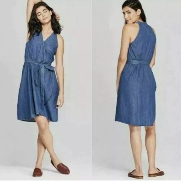 Universal Thread Dresses & Skirts - Universal Thread Dress Denim Blue Faux Wrap V Neck Sleeveless